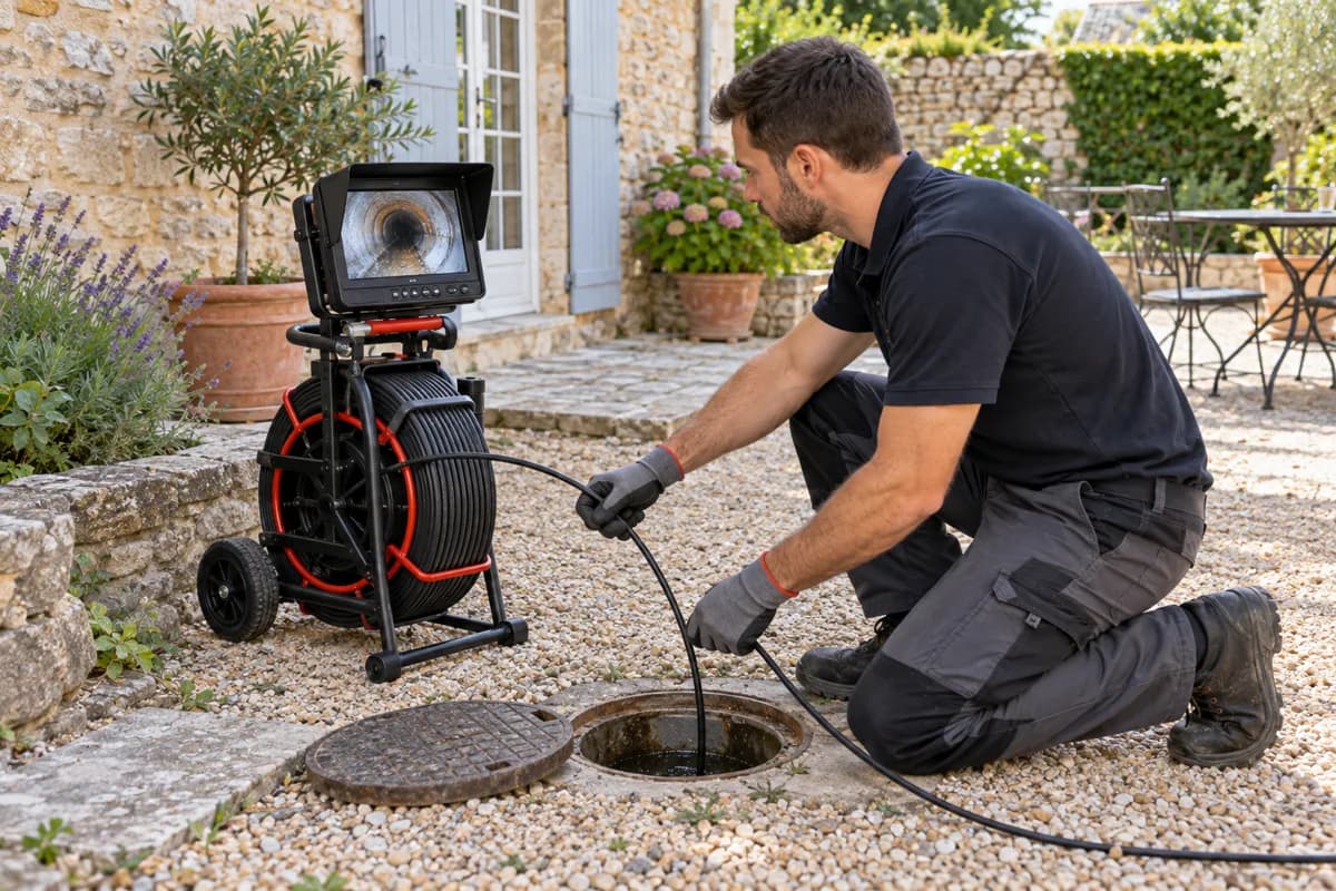 Scène représentative : caméra d’inspection et accès à une canalisation extérieure
